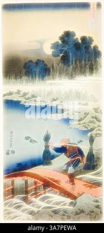 Un tranquillo paesaggio raffigura una scena tranquilla con un ponte sull'acqua, incorniciato da una vegetazione lussureggiante e montagne sullo sfondo. Una figura si erge sul ponte, adagiata con una lancia da pesca, immersa nella tranquillità della natura mentre la luna proietta una luce delicata sulla scena., arte classica con un tocco moderno reinventata da Artotop, Un contadino che attraversa un ponte, dalla serie A True Mirror of Chinese and Japanese Poems, fine anni '1830, Katsushika Hokusai 葛飾 北斎, giapponese, 1760-1849, Giappone, stampa A blocchi di legno A colori, nagaban Foto Stock