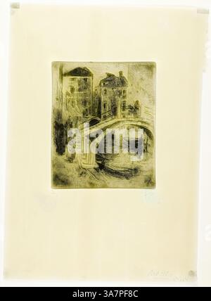 Un ambiente tranquillo caratterizzato da un pittoresco ponte che si erge su un canale calmo, fiancheggiato da edifici affascinanti. L'ambiente circostante suggerisce un'atmosfera tranquilla, evocando un senso di nostalgia e di solitudine pacifica. Arte classica con un tocco moderno reinventata da Artotop, Venetian Canal and Bridges, 1886, Robert Frederick Blum, American, 1857-1903, Stati Uniti, incisione su carta avorio Foto Stock