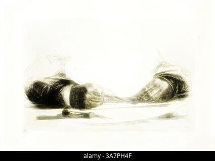 Due mani adagiate delicatamente su un foglio di carta, con uno strumento nelle vicinanze che suggerisce un momento di creatività o contemplazione., arte classica con un tocco moderno reinventata da Artotop, Hands Etching-o Laborum, 1865, Francis Seymour Haden, inglese, 1818-1910, Inghilterra, incisione e punto di asciugatura su rame stampato su carta bianca Foto Stock