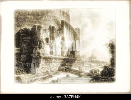 Un'antica struttura in pietra si erge maestosamente su uno sfondo di colline ondulate, con pareti intemprate e dettagli intricati. La luce del sole proietta ombre drammatiche, esaltando la consistenza delle pietre e creando un senso di intramontabilità nel paesaggio. Arte classica con un tocco moderno reimmaginata da Artotop, Vista dei resti della Tomba dei Plautii sulla via Tiburtina, vicino al Ponte Lugano, a tre miglia da Tivoli, da Views of Rome, 1760/69, pubblicato 1800-07, Giovanni Battista Piranesi (1720-1778), pubblicato da Francesco (italiano, 1758-1810) Foto Stock