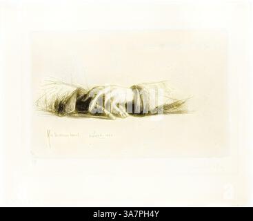 Una mano delicata ed espressiva poggia delicatamente, parzialmente drappeggiata, suggerendo un momento di contemplazione o tranquillità. I dettagli intricati catturano la texture della pelle e del tessuto, evocando un senso di intimità e vulnerabilità., arte classica con un tocco moderno reinventata da Artotop, Hands Folded, 1865, Francis Seymour Haden, inglese, 1818-1910, Inghilterra, incisione con punto di essiccazione su carta posata in avorio Foto Stock