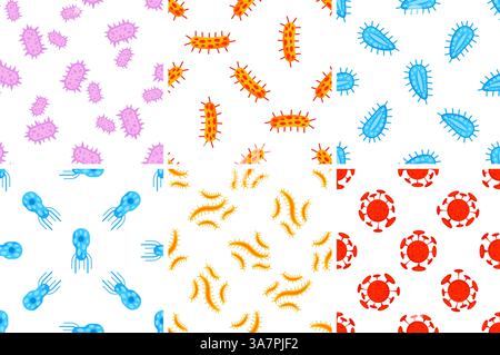 Pattern senza interruzioni con virus e batteri colorati che fluttuano su sfondo bianco Illustrazione Vettoriale