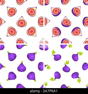 Quattro motivi senza cuciture con fichi interi, tagliati a metà e quarti, che mostrano le texture e i colori vivaci di questo delizioso frutto Illustrazione Vettoriale