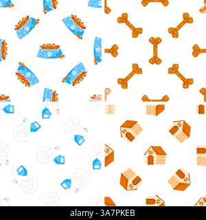 Motivi senza cuciture con alimenti per animali domestici, ossa, guinzagli retrattili e casette per cani in legno Illustrazione Vettoriale