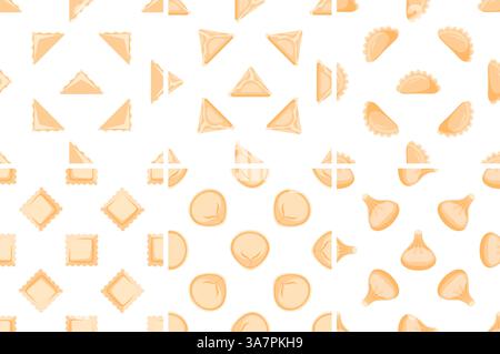 Motivo senza cuciture che mostra diversi tipi di pasta ripiena, tra cui ravioli, tortellini e gnocchi su sfondo bianco Illustrazione Vettoriale