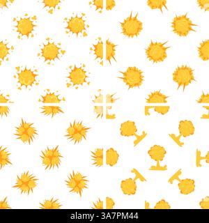 Schema senza interruzioni di esplosioni che esplodono con nuvole di fumo gialle e fiamme Illustrazione Vettoriale