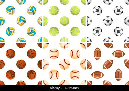 Palla sportiva ripetuta su sfondo bianco, tra cui pallavolo, tennis, calcio, basket, palle da baseball e da rugby Illustrazione Vettoriale