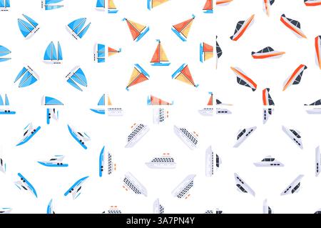 Motivo senza cuciture con barche a vela, yacht e navi da crociera che navigano su sfondo bianco Illustrazione Vettoriale