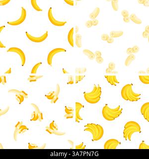 Set di motivi senza cuciture con banane sbucciate e tagliate a fette che formano uno sfondo decorativo Illustrazione Vettoriale