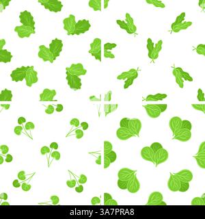 Motivo senza cuciture con foglie verdi di varie forme che creano un vivace design botanico Illustrazione Vettoriale