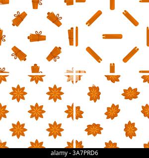 Motivo senza cuciture con bastoncini di cannella e spezie di anice stellato su sfondo bianco Illustrazione Vettoriale