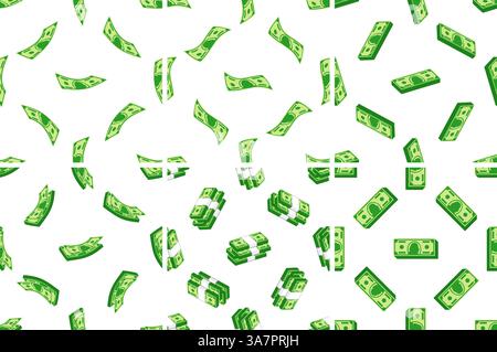 Modello senza interruzioni con banconote in dollari in caduta e pile di denaro su sfondo bianco Illustrazione Vettoriale