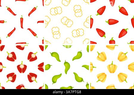 Motivo senza cuciture con peperoncini rossi caldi, peperoni a fette e peperoni jalapeno verdi Illustrazione Vettoriale