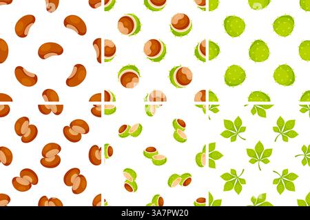 Motivi senza cuciture con castagne che mostrano la buccia, la frutta, le foglie e l'interno Illustrazione Vettoriale