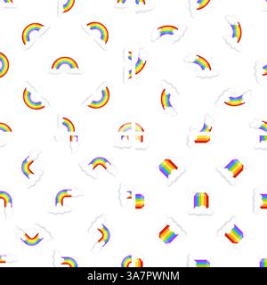 Arcobaleni colorati e nuvole creano un motivo senza cuciture su sfondo bianco Illustrazione Vettoriale