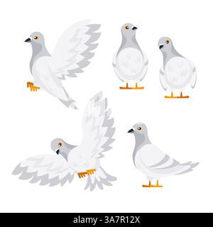 Colombe bianche che battono le ali e si fermano in posizioni diverse Illustrazione Vettoriale