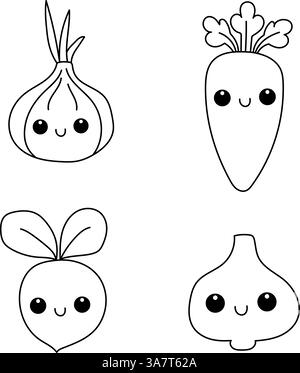 Set di verdure a doodle con volti carini. Cipolla, carota, barbabietola e aglio. Illustrazione Vettoriale