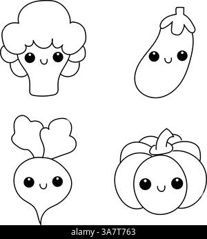 Set di verdure a doodle con volti carini. Broccoli, melanzane, zucca e ravanello. Illustrazione Vettoriale