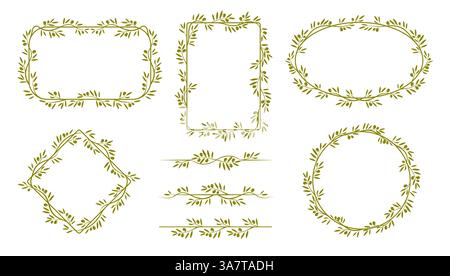 Cornici di olive verdi, divisori e bordi di rami vettoriali e foglie motivo vintage. Olio vegetale italiano o greco, cibo naturale e frutta pla Illustrazione Vettoriale