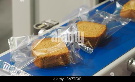 i pezzi di pane si trovano in sacchetti di plastica su un nastro trasportatore. Il pane è marrone ed è appena sfornato Foto Stock