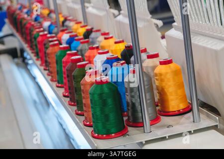 Una fila di bobine colorate di filo è appesa a un rack. Gli steli sono di colori e dimensioni diversi e sono disposti in un sistema fa ordinato e ordinato Foto Stock