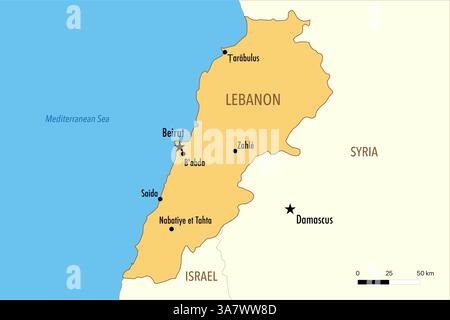 Mappa del Libano con le principali città e i paesi vicini Foto Stock