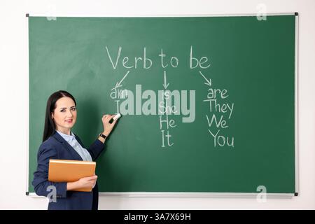 Insegnante di inglese durante la lezione vicino alla lavagna in classe Foto Stock