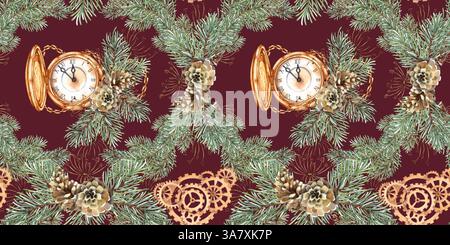 Rami di abete, coni, erba, orologio in oro, composizione ingranaggi per l'illustrazione di acquerello di Capodanno e Natale, disegnata a mano. Motivo senza cuciture con l'inverno Foto Stock