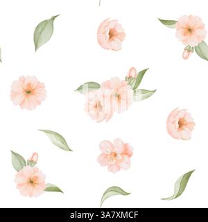 Motivo senza cuciture di fiori di pesca e ciliegia. Illustrazione dell'acquerello disegnato a mano dei fiori e delle foglie della fioritura primaverile. Per stampe in tessuto o tessuto, regalo Foto Stock