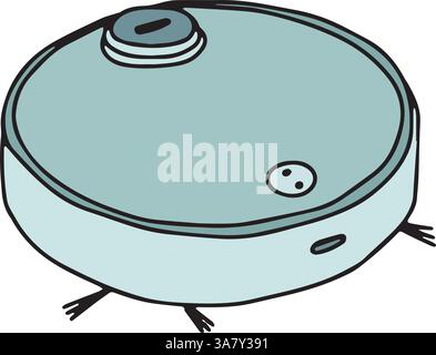 Illustrazione hoover robotica automatica disegnata a mano. Moderna tecnologia per elettrodomestici intelligenti. Concetto di pulizia. Aspirapolvere. Isolato Illustrazione Vettoriale