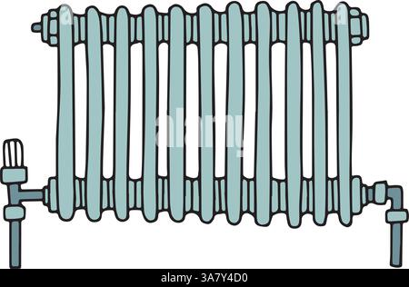 Illustrazione del sistema di riscaldamento del radiatore per elettrodomestici. Icona vettoriale attrezzatura riscaldatore disegnata a mano. Simbolo di controllo della temperatura dell'alloggiamento. Scarabocchio isolato Illustrazione Vettoriale