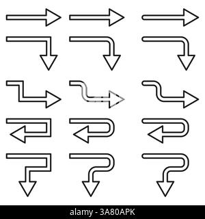 Icone delle frecce direzionali. Forme curve. Puntatore vettoriale impostato. Simbolo percorso minimo. Illustrazione Vettoriale