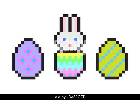 Coniglietto pasquale pixel. Set di uova colorate. Design per le festività natalizie. Simbolo della molla vettoriale. Illustrazione Vettoriale