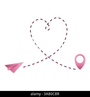 Piano di carta rosa. Percorso a forma di cuore. Concetto di viaggio romantico. Viaggio d'amore vettoriale. Illustrazione Vettoriale