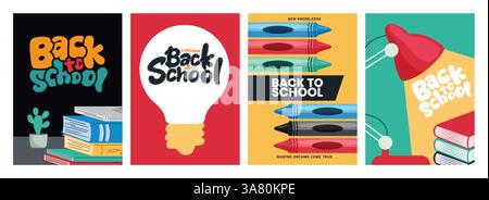 Set di poster clipart di ritorno a scuola. Collezione di clip art di saluto scolastico con libri, pastelli e banner di modelli di articoli didattici Illustrazione Vettoriale
