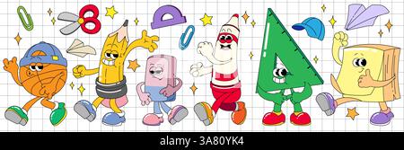 Personaggi della scuola dei cartoni animati: Allegri pallacanestro e matita, cancelleria e righello a triangolo, marcatore e appunti che camminano e si alzano. La cartoleria didattica fornisce mascotte per l'apprendimento del design. Illustrazione Vettoriale