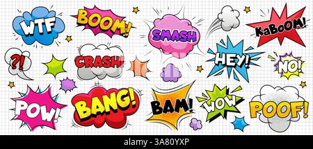 Set di onomatopee in stile fumetto ed esclamazioni in colorate bolle di voce, stelle ed esplosioni. Iscrizioni pop art luminose per scene di combattimento dinamiche, sorprese e scontri con il design di graphic novel. Illustrazione Vettoriale