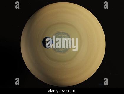 Pianeta Terra accanto alla tempesta esagonale sul polo nord di Saturno, evidenziando l'impressionante portata di questo fenomeno cosmico rispetto al nostro piano Foto Stock