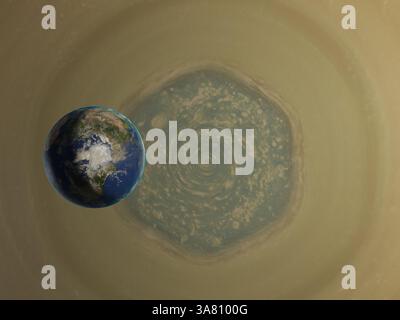 Il pianeta Terra accanto alla tempesta esagonale sul polo nord di Saturno da vicino, evidenziando l'impressionante scala di questo fenomeno cosmico rispetto a. Foto Stock