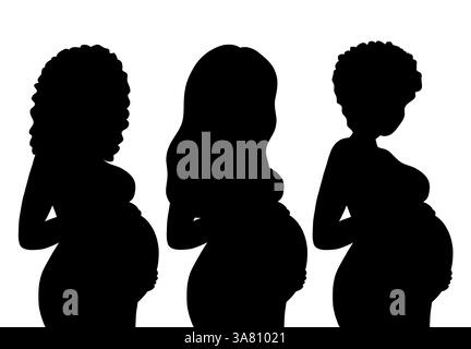 Serie vettoriale di sagome di donne incinte africane isolate dallo sfondo. Collezione di clip Arts di donne incinte nere sane ombra per carta Illustrazione Vettoriale