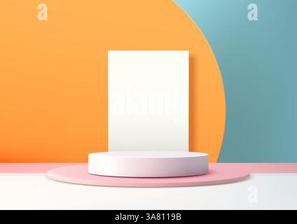 podio 3d rosa minimalista su base circolare bianca, con vivaci sfondi curvi arancioni e blu, perfetto per l'esposizione di prodotti moderni e il mockup Illustrazione Vettoriale