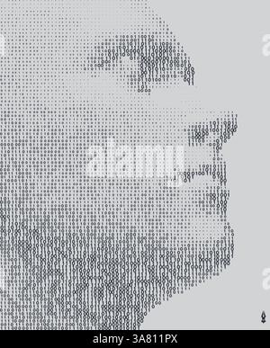 Una faccia che appare attraverso una matrice di codice binario a cascata. Il concetto di digitalizzazione e intelligenza artificiale. Illustrazione vettoriale 3D per brochure Illustrazione Vettoriale