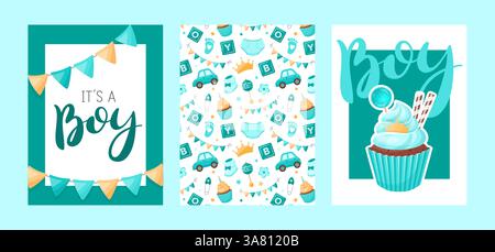 Serie di banner. La sua rivelazione di genere aBoy. Perfetto per annunci, inviti, biglietti d'auguri o decorazioni per la doccia dei bambini. Design femminile e celebrativo. Illustrazione Vettoriale
