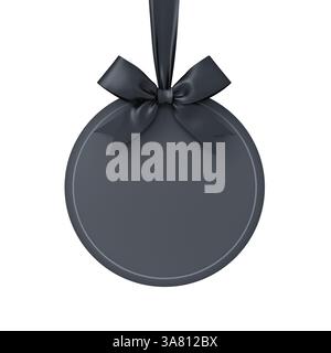 Insegna rotonda vuota nera appesa con nastro nero e arco isolato su sfondo bianco Decorazioni natalizie nere minimali del venerdì di natale Concetuals rendering 3D. Foto Stock