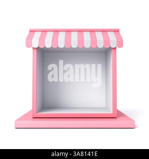 Vetrina vuota dello stand espositivo rosa dolce o espositore minimale vuoto del chiosco del podio con tenda a righe rosa isolata su bianco b Foto Stock