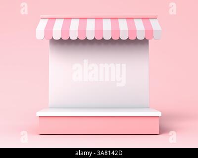 Chiosco espositivo bianco bianco e dolce, design store o espositore vuoto con tenda a righe rosa e bianca isolata su pasta rosa chiaro Foto Stock