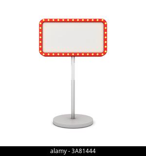 Tabellone bianco retro al neon o supporto bianco per cartellonistica con lampadine al neon gialle incandescenti isolate su sfondo bianco con rendering 3D ombreggiato Foto Stock
