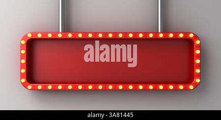 Espositore per insegne lunghe rosse vuote o cartelloni per affissioni retrò o cartellone rosso lungo vuoto con lampadine al neon gialle illuminate isolate su wh scuro Foto Stock