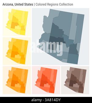 Arizona, Stati Uniti. Raccolta mappe. Stato forma. Contee colorate. Blu grigio, giallo, ambra, arancione, arancione profondo, tavolozze di colore marrone. Illustrazione Vettoriale