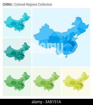 Collezione di mappe per la Cina. Forma del paese con regioni colorate. Azzurro, ciano, verde, verde chiaro, tavolozze di colori lime. Illustrazione Vettoriale